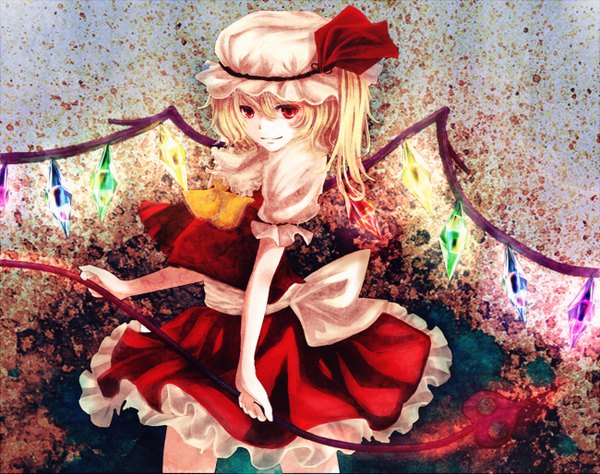 Anime picture 1300x1027 with touhou flandre scarlet bou shaku single long hair blonde hair smile red eyes looking back girl dress weapon wings bonnet laevatein (touhou)