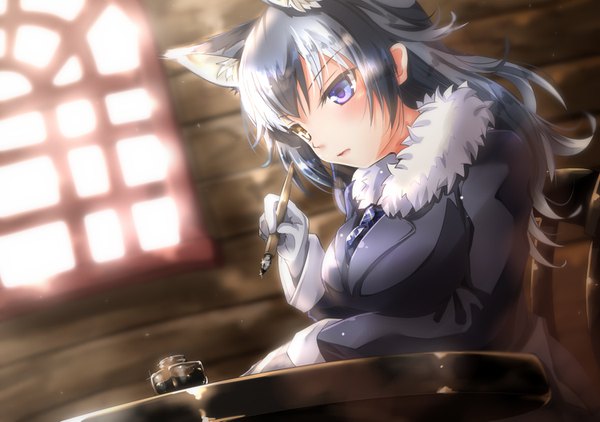 Anime picture 1500x1057 with kemono friends grey wolf (kemono friends) higashimura single long hair blush fringe breasts black hair hair between eyes large breasts sitting purple eyes holding animal ears yellow eyes white hair indoors parted lips multicolored hair