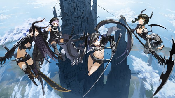 Anime picture 2288x1286 with black rock shooter black rock shooter (character) dead master strength (black rock shooter) black gold saw justminor long hair highres short hair blue eyes black hair red eyes wide image twintails multiple girls green eyes sky cloud (clouds) white hair horn (horns)