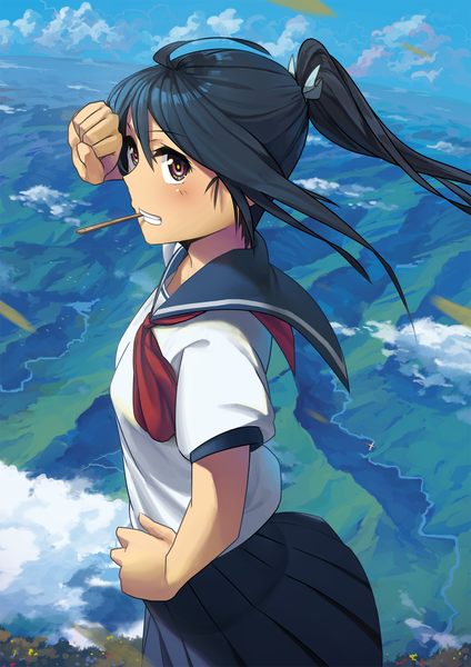 Anime picture 1300x1839 with original rai32019 single tall image short hair black hair red eyes cloud (clouds) ponytail girl skirt miniskirt serafuku