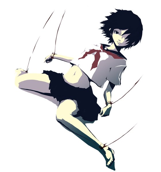 Anime picture 1947x2084 with original mubouou aasaa single tall image highres short hair black hair simple background white background sitting barefoot black eyes girl navel uniform school uniform sailor suit