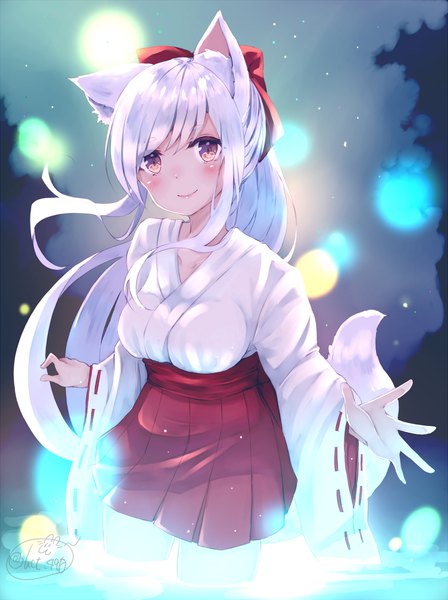 Anime picture 748x1000 with original chita (ketchup) single long hair tall image looking at viewer blush fringe breasts smile standing signed animal ears yellow eyes payot silver hair ponytail tail traditional clothes head tilt