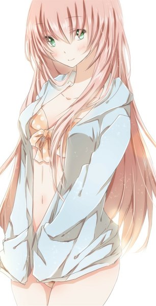 Anime picture 598x1170 with vocaloid megurine luka hiro (hirohiro31) single long hair tall image looking at viewer blush light erotic simple background white background green eyes pink hair light smile open clothes open jacket hands in pockets girl swimsuit bikini