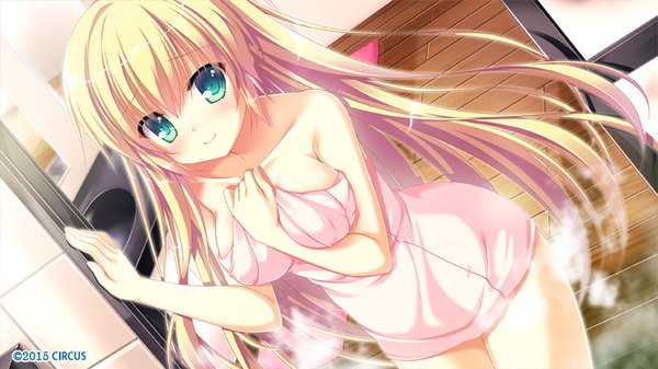 Anime picture 800x450 with d.s. -dal segno- circus (studio) fujishiro noeri tagme (artist) single long hair blush fringe breasts light erotic blonde hair smile wide image large breasts green eyes game cg from above covering steam naked towel