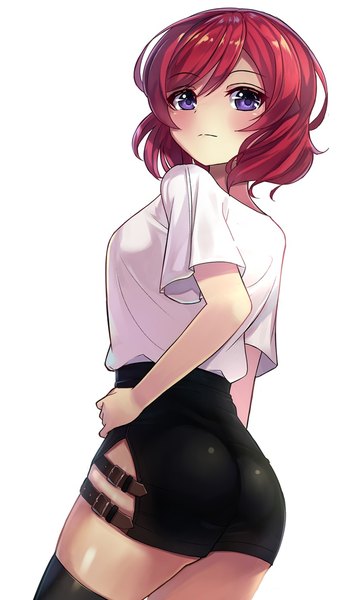 Anime picture 700x1176 with love live! school idol project sunrise (studio) love live! nishikino maki motokonut single tall image looking at viewer blush fringe short hair light erotic simple background standing white background purple eyes ass red hair looking back light smile