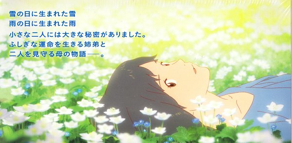 Anime picture 1193x588 with ookami kodomo no ame to yuki hana (ookami kodomo) single looking at viewer short hair open mouth smile wide image brown eyes lying grey hair field girl flower (flowers)