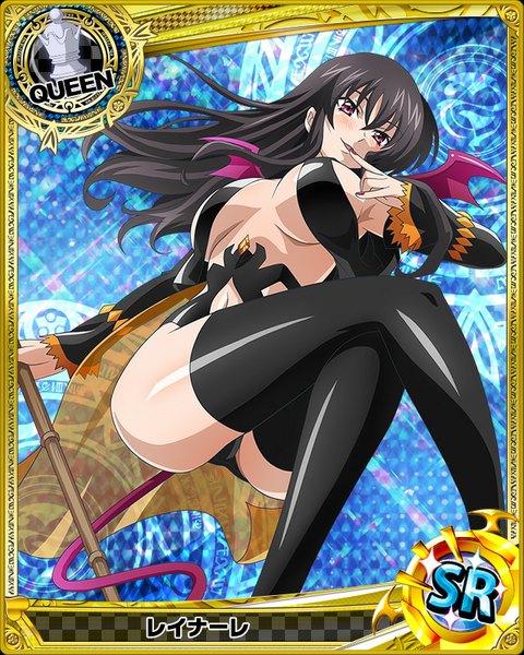 Anime picture 640x800 with highschool dxd raynare (dxd) single long hair tall image looking at viewer blush breasts light erotic black hair large breasts purple eyes card (medium) girl thighhighs navel black thighhighs detached sleeves wings