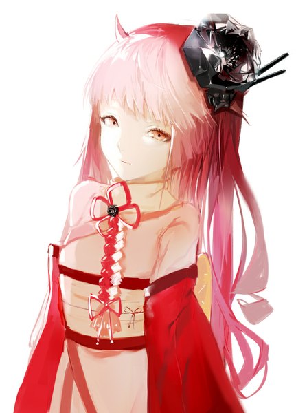 Anime picture 648x901 with sa'yuki single long hair tall image looking at viewer fringe simple background red eyes white background pink hair head tilt horn (horns) wide sleeves hime cut girl hair ornament obi