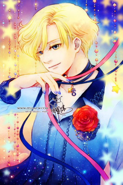 Anime picture 540x810 with bishoujo senshi sailor moon toei animation tenou haruka zelda c. wang single tall image fringe short hair blue eyes blonde hair holding signed looking away upper body nail polish head tilt arm up light smile sparkle depth of field