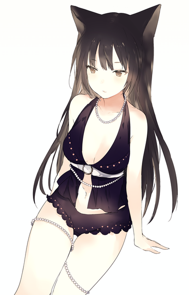 Anime picture 642x1000 with original lpip single long hair tall image blush fringe breasts light erotic black hair simple background white background sitting bare shoulders brown eyes animal ears looking away cleavage cat ears mole