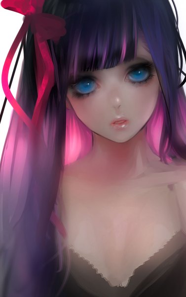 Anime picture 918x1461 with panty & stocking with garterbelt anarchy stocking airspace (artist) single long hair tall image fringe open mouth blue eyes simple background white background pink hair purple hair parted lips multicolored hair lipstick portrait face colored inner hair girl
