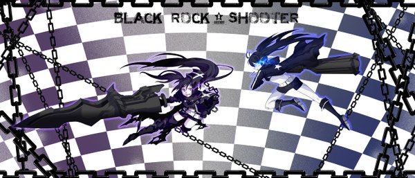 Anime picture 5000x2145 with black rock shooter black rock shooter (character) insane black rock shooter diverti long hair highres wide image multiple girls absurdres glowing glowing eye (eyes) battle checkered background girl weapon 2 girls chain huge weapon