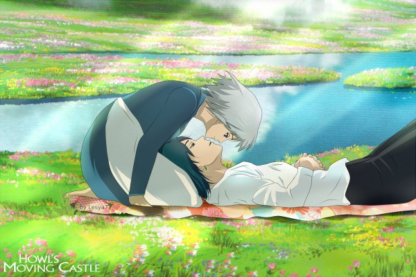 Anime picture 1200x800 with howl's moving castle studio ghibli howl sophie hatter lesya7 short hair black hair sitting signed lying parted lips profile barefoot grey hair sunlight on back leaning leaning forward copyright name face to face