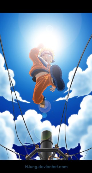Anime picture 900x1673 with naruto studio pierrot naruto (series) uzumaki naruto natilokijung tall image short hair open mouth blue eyes blonde hair sky cloud (clouds) one eye closed wink sunlight from below coloring facial mark jumping whisker markings