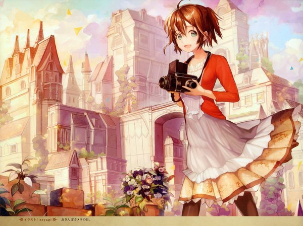 Anime picture 3383x2532 with original neyagi single looking at viewer blush highres short hair open mouth brown hair green eyes absurdres cloud (clouds) scan cityscape girl dress flower (flowers) plant (plants) tree (trees) camera