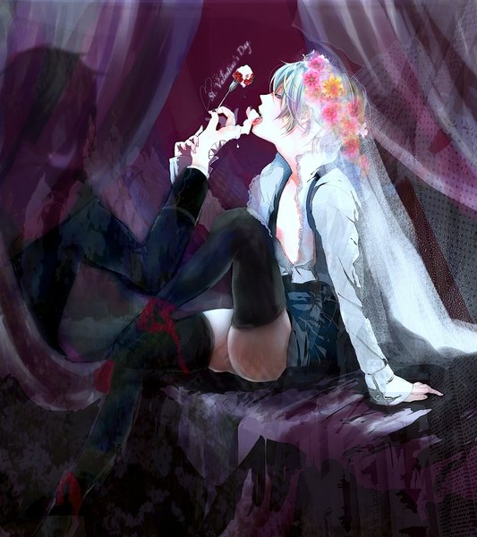 Anime picture 1600x1800 with kuroshitsuji a-1 pictures alois trancy claude faustus tooyann (pixiv id 1347266) tall image short hair light erotic blue hair open clothes open shirt couple text valentine shounen ai licking naked shirt thighhighs boy gloves