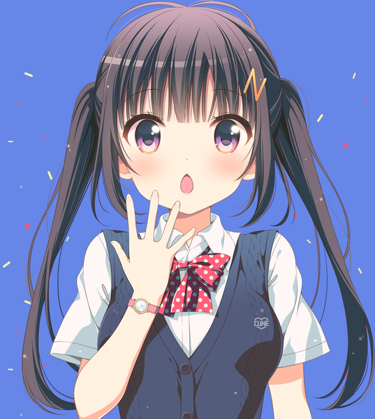 Anime picture 1950x2180 with original march-bunny single long hair tall image blush fringe highres open mouth black hair simple background purple eyes twintails ahoge blue background polka dot surprised girl uniform hair ornament