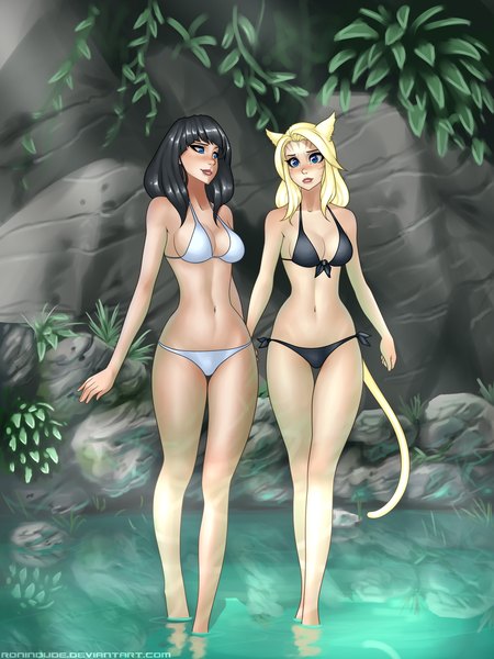 Anime picture 3000x4000 with ronin dude (ray cornwell) long hair tall image blush highres breasts blue eyes light erotic black hair blonde hair multiple girls animal ears tail animal tail lips cat ears cat girl cat tail girl navel
