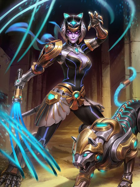 Anime picture 750x1000 with smite (game) bastet (smite) scebiqu single tall image looking at viewer light erotic smile standing purple eyes animal ears cleavage bent knee (knees) cat ears glow smirk mechanical girl animal armor