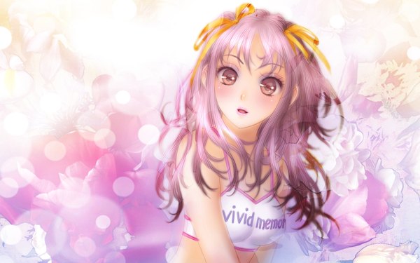 Anime picture 1920x1200 with original toshiki yui single long hair looking at viewer blush highres open mouth red eyes wide image purple hair girl flower (flowers) ribbon (ribbons) hair ribbon