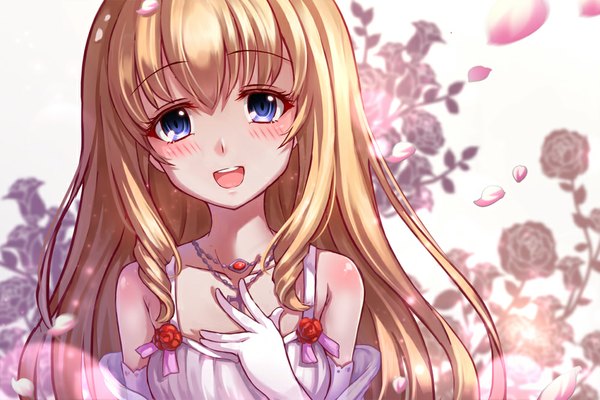 Anime picture 1000x667 with amagi brilliant park kyoto animation latifa fleuranza miazi single long hair looking at viewer blush open mouth blue eyes blonde hair bare shoulders girl dress gloves flower (flowers) petals white gloves pendant