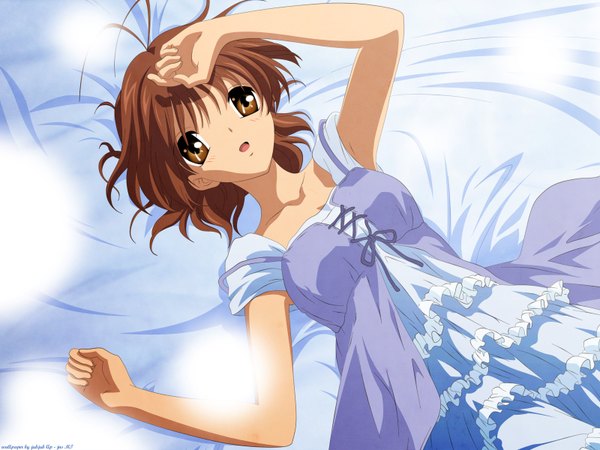 Anime picture 1600x1200 with clannad key (studio) furukawa nagisa signed watermark blue background dress bed