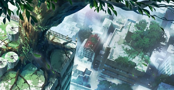 Anime picture 1129x590 with original totsu (nikki00) wide image city fog plant (plants) animal tree (trees) bird (birds) leaf (leaves) building (buildings) roof