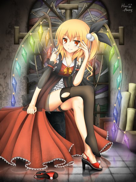 Anime picture 2700x3600 with touhou flandre scarlet hira (zlpabrams) tall image highres short hair blonde hair red eyes one side up girl thighhighs black thighhighs detached sleeves wings single thighhigh crystal