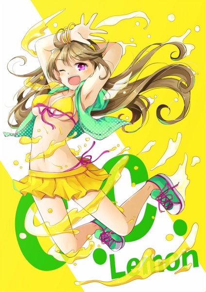 Anime picture 1200x1697 with original c.c. lemon c.c. lemon (character) hazuki natsu single long hair tall image looking at viewer blush breasts open mouth light erotic brown hair purple eyes one eye closed wink armpit (armpits) arms behind head jumping girl