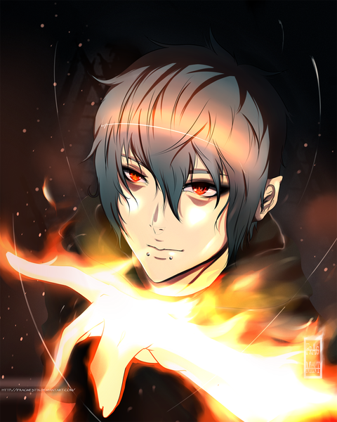 Anime picture 1343x1680 with original ifragmentix single tall image short hair black hair red eyes pointy ears piercing coloring magic portrait light boy fire