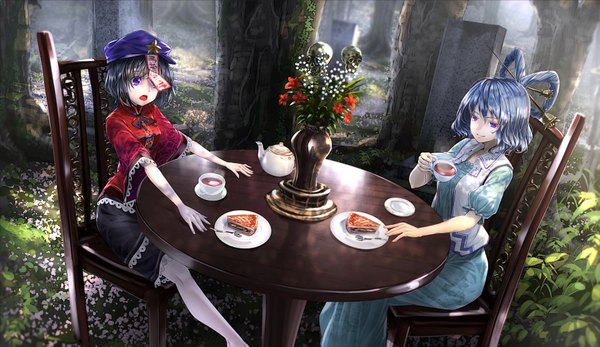 Anime picture 1727x1000 with touhou kaku seiga miyako yoshika ryosios looking at viewer fringe highres short hair open mouth black hair smile wide image sitting purple eyes multiple girls holding blue hair looking away bent knee (knees) outdoors