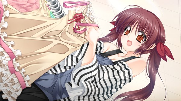 Anime picture 1024x576 with mirai wa kimi ni koishiteru single long hair open mouth red eyes brown hair wide image twintails bare shoulders game cg girl bow hair bow
