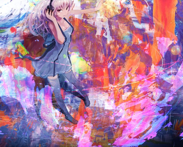Anime picture 1194x965 with original nimirom single long hair looking at viewer smile red eyes standing bare shoulders pink hair from above outstretched arm hand on headphones girl dress ribbon (ribbons) boots headphones thigh boots blue dress