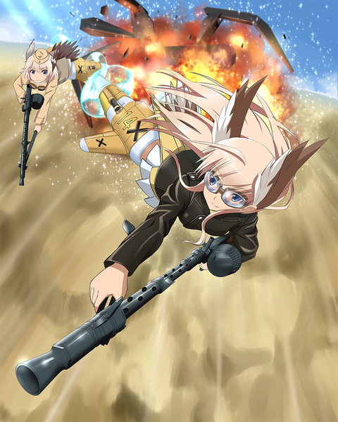 Anime picture 1024x1280 with strike witches hanna-justina marseille raisa pottgen kaneko (novram58) long hair tall image short hair blue eyes blonde hair smile multiple girls holding animal ears looking away sky full body ahoge outdoors tail long sleeves