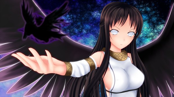 Anime picture 1920x1079 with mabinogi morrighan rain (rain910) long hair highres breasts light erotic black hair wide image sideboob outstretched hand white eyes no pupils girl detached sleeves animal wings bird (birds)