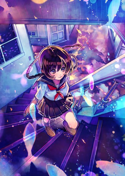 Anime picture 2000x2822 with original arutera single long hair tall image highres brown hair purple eyes brown eyes braid (braids) pleated skirt light smile twin braids girl uniform school uniform fish (fishes) sailor suit stairs fireflies