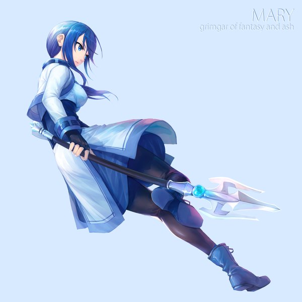 Anime picture 2046x2046 with hai to gensou no grimgar a-1 pictures merry (grimgar) curry bowl single long hair fringe highres breasts blue eyes simple background hair between eyes holding blue hair looking away bent knee (knees) lips character names blue background running
