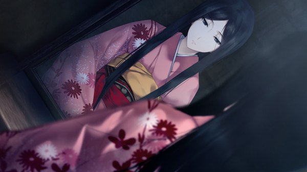 Anime picture 1280x720 with innocent grey satsuki (kara no shoujo 2) sugina miki single long hair black hair wide image sitting brown eyes game cg traditional clothes japanese clothes looking down pale skin sad girl kimono obi yukata mirror