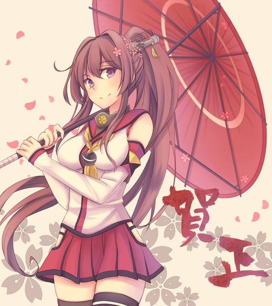 Anime picture 900x1011 with kantai collection yamato super battleship keikei (kitty colors) single long hair tall image looking at viewer fringe simple background smile brown hair standing white background purple eyes holding ponytail pleated skirt girl thighhighs skirt