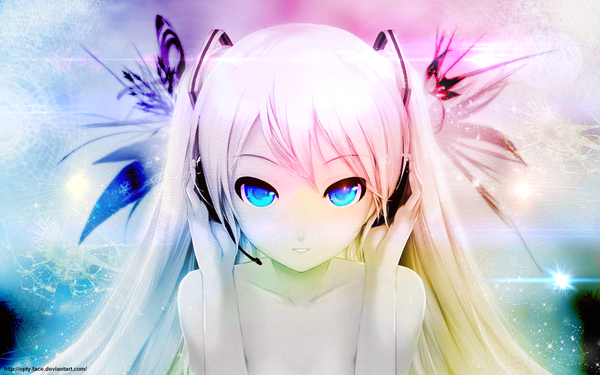 イラスト 1429x894 と ボーカロイド last night good night (vocaloid) 初音ミク cait ソロ 長髪 前髪 青い目 hair between eyes 肩出し white hair parted lips face pale skin 女の子 髪飾り ヘッドフォン