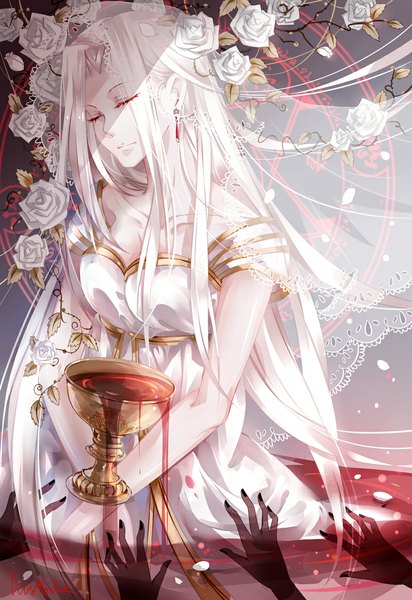 Anime picture 800x1163 with fate (series) fate/zero type-moon irisviel von einzbern instockee long hair tall image signed silver hair eyes closed magic girl dress flower (flowers) earrings petals white dress rose (roses) blood veil