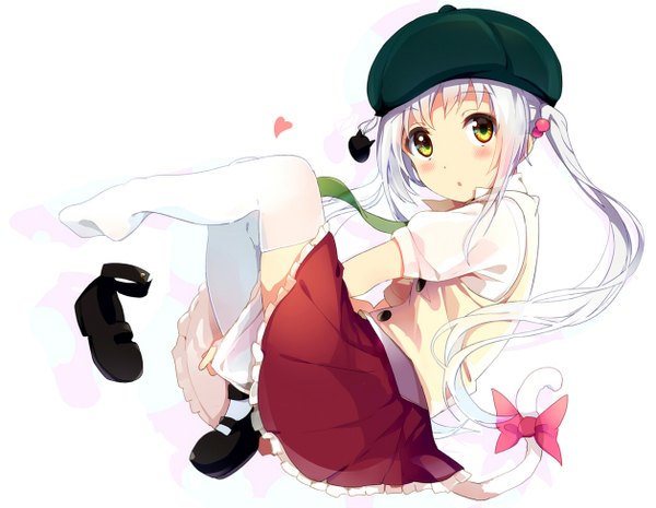 Anime picture 1258x977 with original ogipote single long hair looking at viewer blush sitting twintails yellow eyes white hair tail animal tail cat tail girl thighhighs skirt hair ornament bow shirt white thighhighs