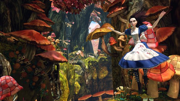 Anime picture 3448x1940 with american mcgee's alice (game) alice: madness returns alice (american mcgee's) single long hair highres black hair wide image green eyes absurdres spread arms 3d girl dress boots blood apron mushroom (mushrooms)