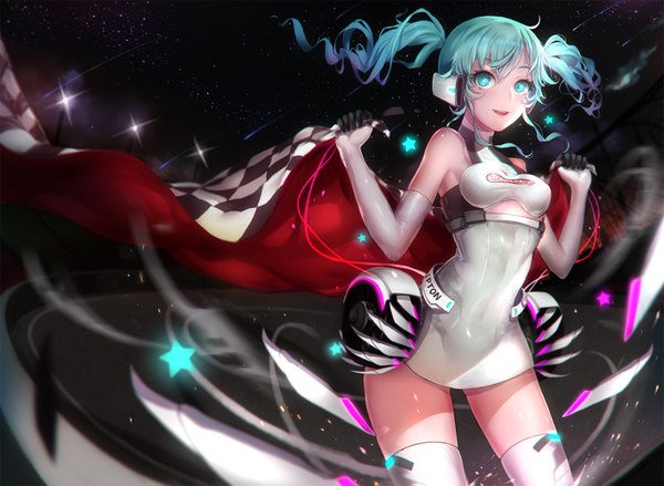 Anime picture 1600x1171 with vocaloid goodsmile racing hatsune miku racing miku racing miku (2014) s a~ single long hair looking at viewer twintails aqua eyes aqua hair space meteor rain girl gloves elbow gloves star (stars) thigh boots bodysuit