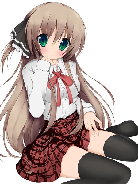 Anime picture 2100x2800 with bud146 single long hair tall image blush highres simple background brown hair white background green eyes girl thighhighs skirt uniform black thighhighs school uniform miniskirt shirt