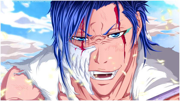 Anime picture 1132x641 with bleach studio pierrot grimmjow jeagerjaques azley single short hair open mouth blue eyes smile wide image blue hair sky cloud (clouds) coloring torn clothes close-up face espada boy blood