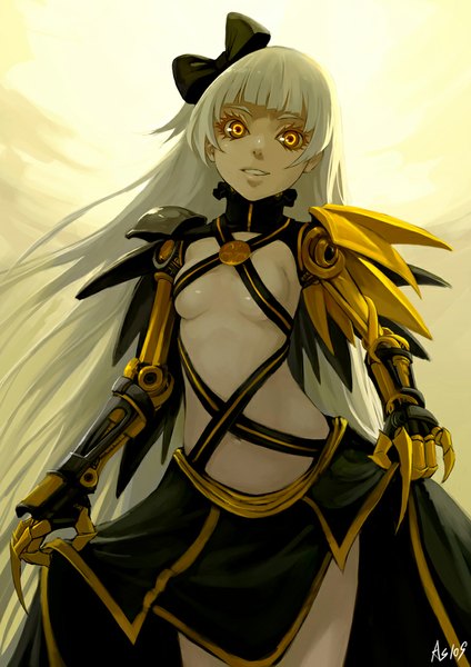 Anime picture 742x1050 with original as109 single long hair tall image breasts open mouth light erotic white hair very long hair lips mechanical parts crazy eyes girl dress navel hair ornament bow hair bow armor