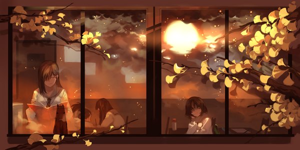 Anime picture 1200x601 with original joseph lee long hair fringe short hair brown hair wide image sitting multiple girls holding brown eyes sky cloud (clouds) ponytail indoors eyes closed hair over one eye glow hand on cheek girl