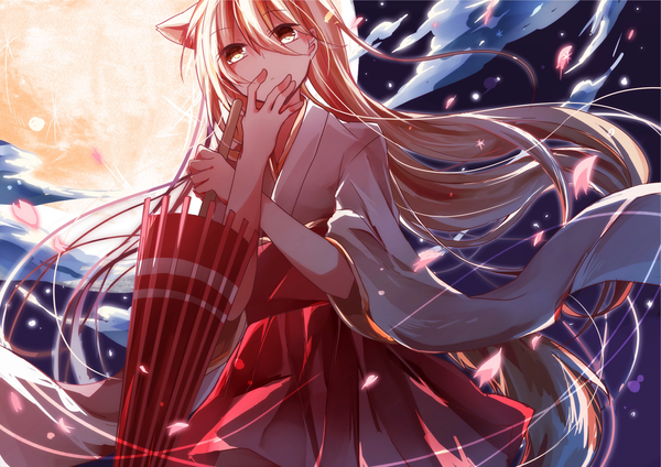 Anime picture 2000x1414 with original yuruno single long hair looking at viewer fringe highres blonde hair standing animal ears yellow eyes cloud (clouds) tail traditional clothes japanese clothes animal tail wind night night sky fox ears