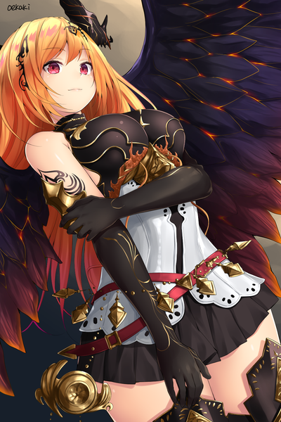 イラスト 1000x1500 と 神撃のバハムート dark angel olivia oekakizuki ソロ 長髪 長身像 前髪 おっぱい light erotic 赤い目 大きな乳房 肩出し signed looking away オレンジ髪 オフショルダー from below 刺青 dutch angle 絶対領域